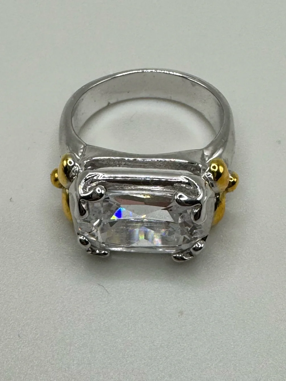 Statement Crystal Cocktail Ring Silver Tone Gold Accent Size 8